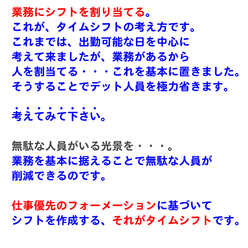 業務にシフトを割り当てる。これが、タイムシフトの考え方です。これまでは、出勤可能な日を中心に考えて来ましたが、業務があるから人を割当てる・・・これを基本に置きました。そうすることでデット人員を極力省きます。考えてみて下さい。無駄な人員がいる光景を・・・。業務を基本に据えることで無駄な人員が削減できるのです。仕事優先のフォーメーションに基づいてシフトを作成する、それがタイムシフトです。